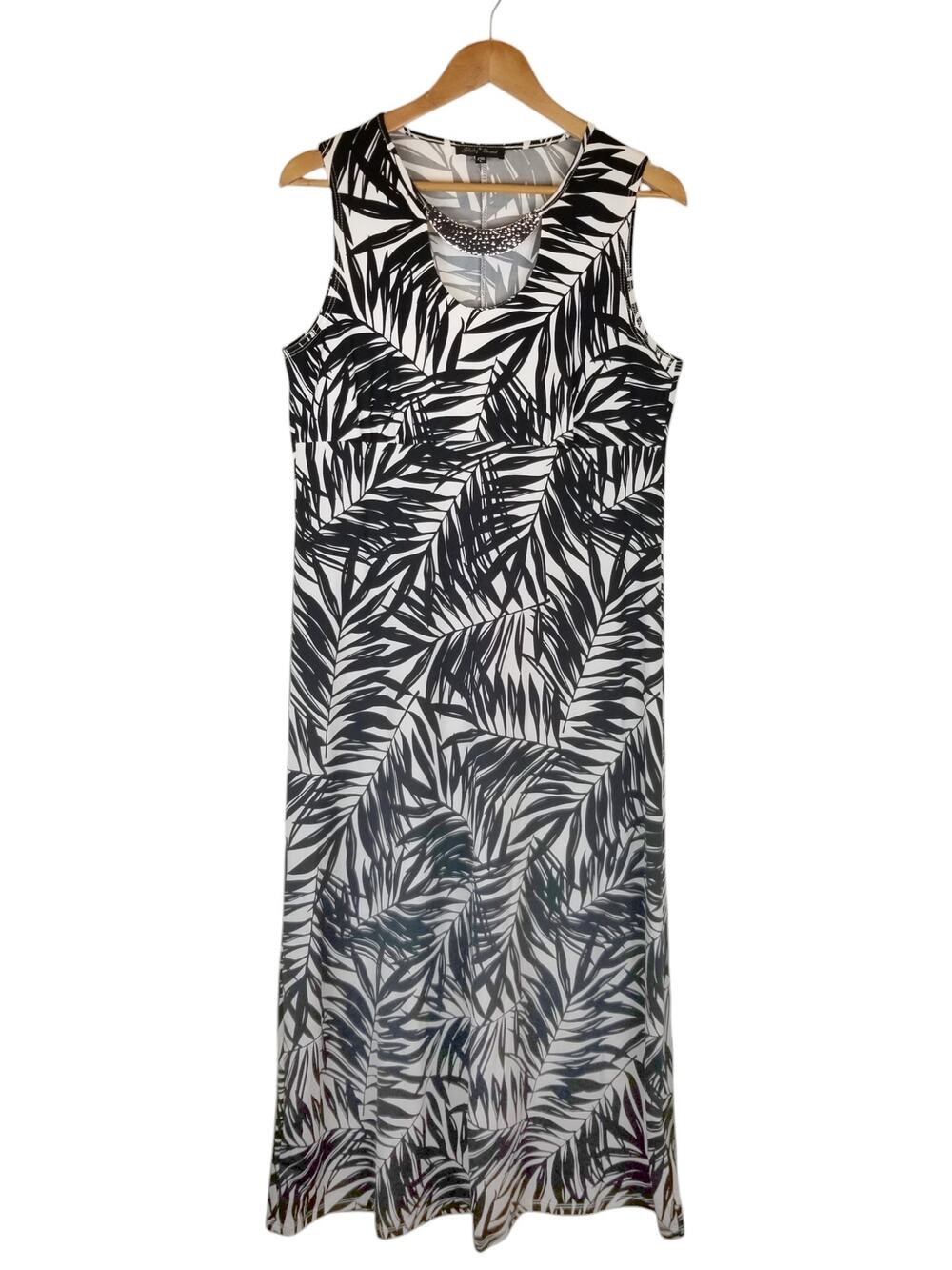 Slinky Brand Black White Leaf Print Stretch Knit Sleeveless Maxi Dress Large
